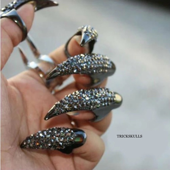 (10) Black Iced Crow Claw Fingernail Fingertip Mid Rings Nail Ring Guard Nails - Picture 4 of 7